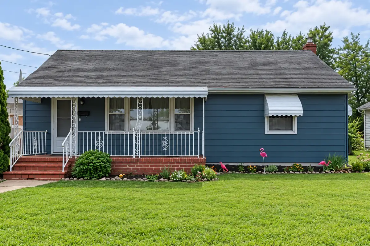The same home after exterior painting in deep blue with fresh white trim and awnings